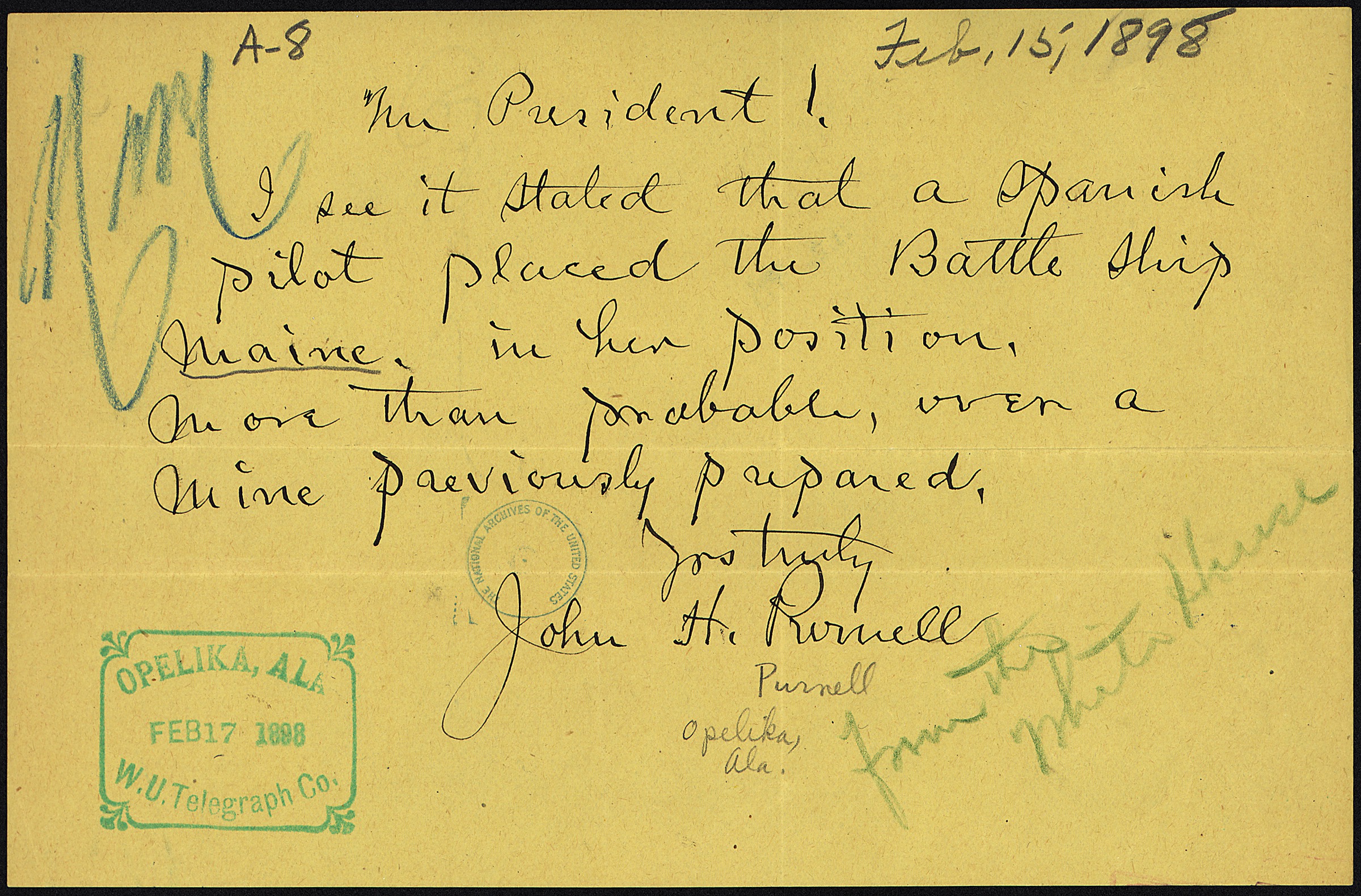 Telegram from John H. Purnell to President McKinley - NARA - 300265