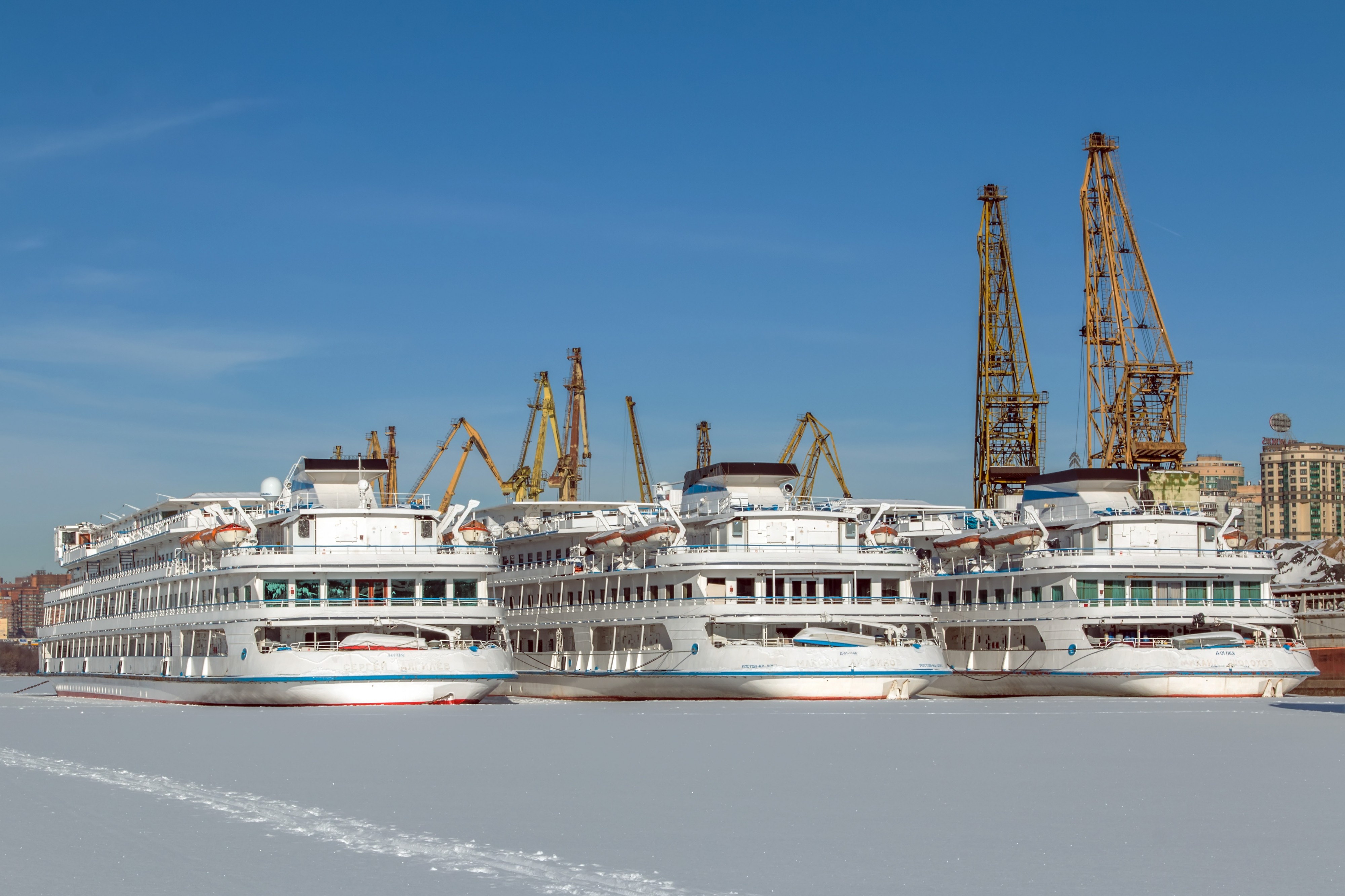 Sergey Dyagilev and Maxim Litvinov and Mikhail Sholokhov in Winter at Moscow North River Port Stern View 10-feb-2015