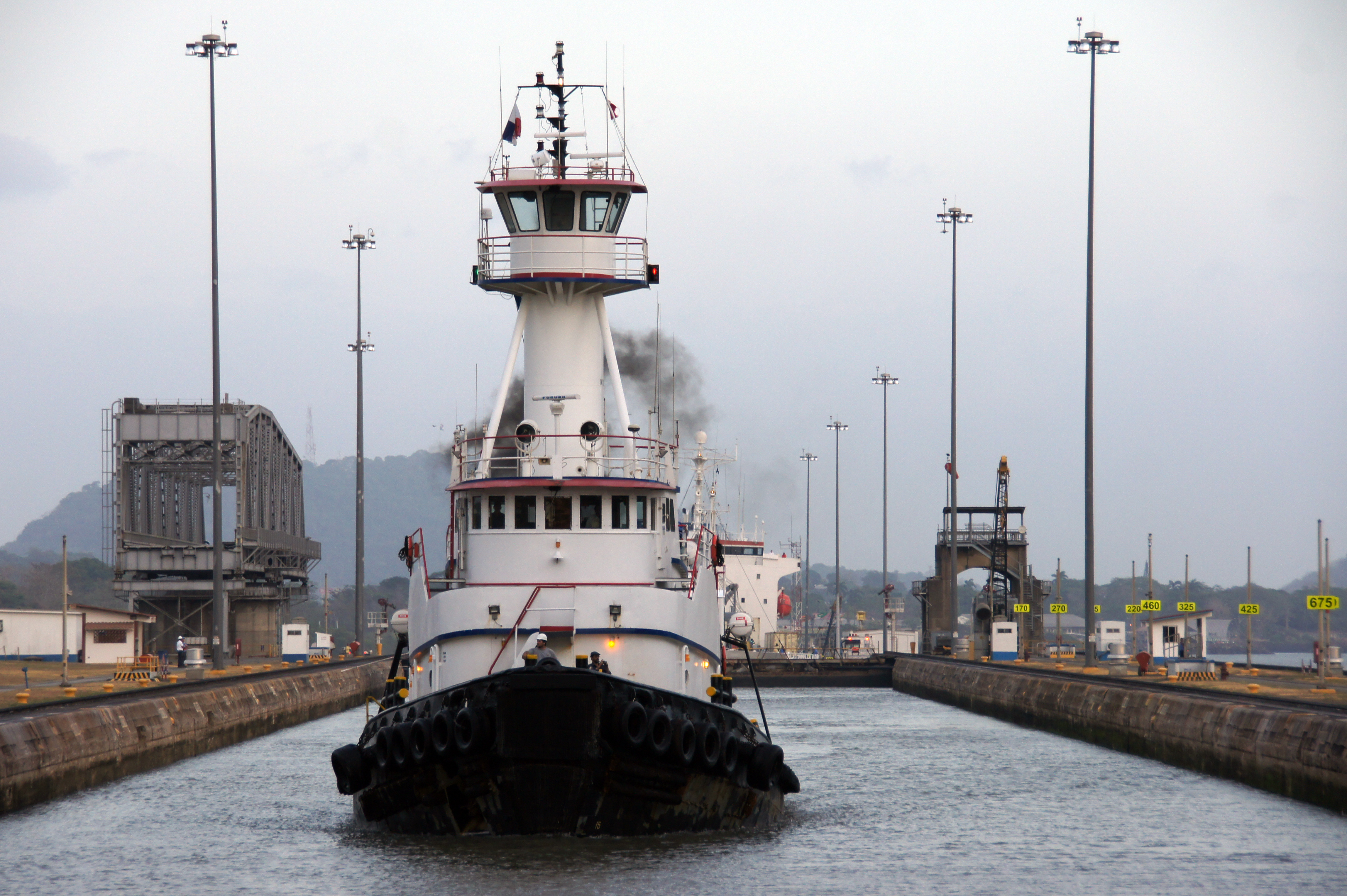 Tug in the Miraflores Lock, Panama Canal
