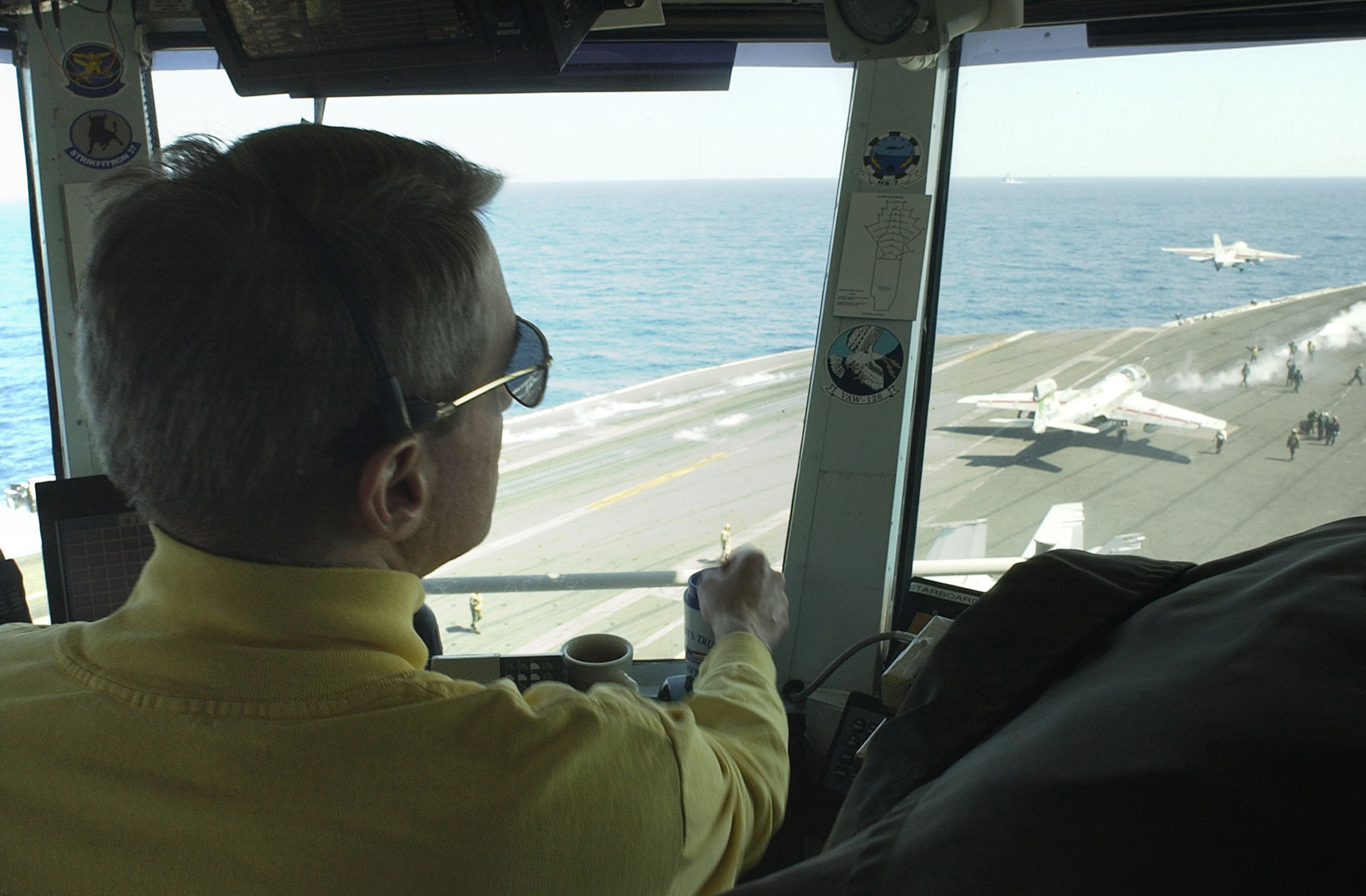 US Navy 030327-N-4308O-010 The Air Boss observes flight operations from primary flight deck control as an S-3B Viking