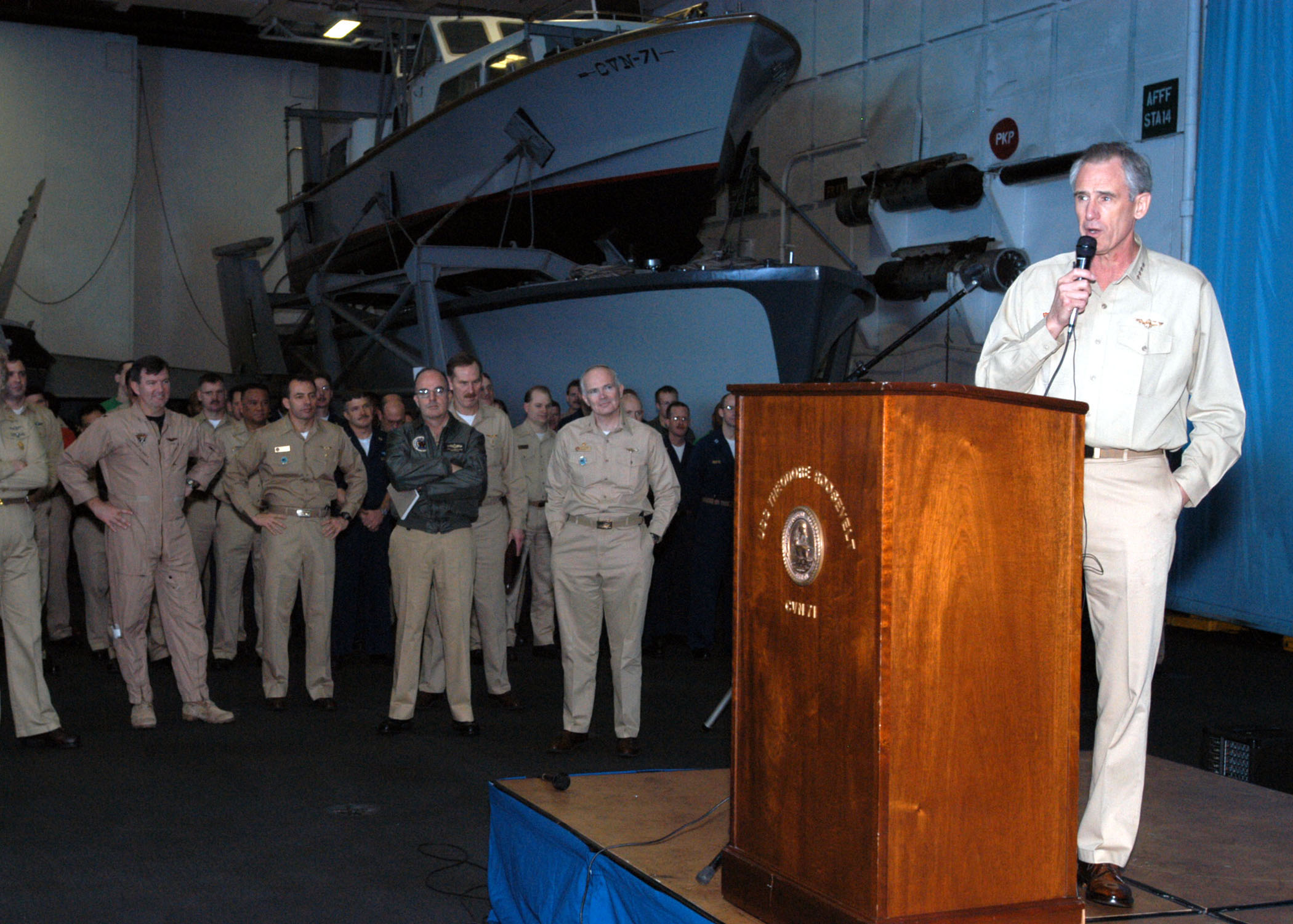 US Navy 030416-N-4154B-502 Admiral Gregory G. Johnson, Commander, U.S. Naval Forces Europe, addresses the crew of USS Theodore Roosevelt (CVN 71) and Carrier Air Wing Eight (CVW-8)