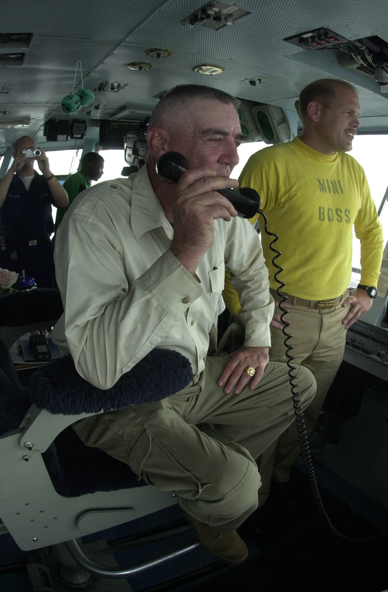 US Navy 030527-N-2385R-003 R. Lee Ermey, host of the popular History Channel program ^ldquo,Mail Call,^rdquo, uses the flight deck intercom system