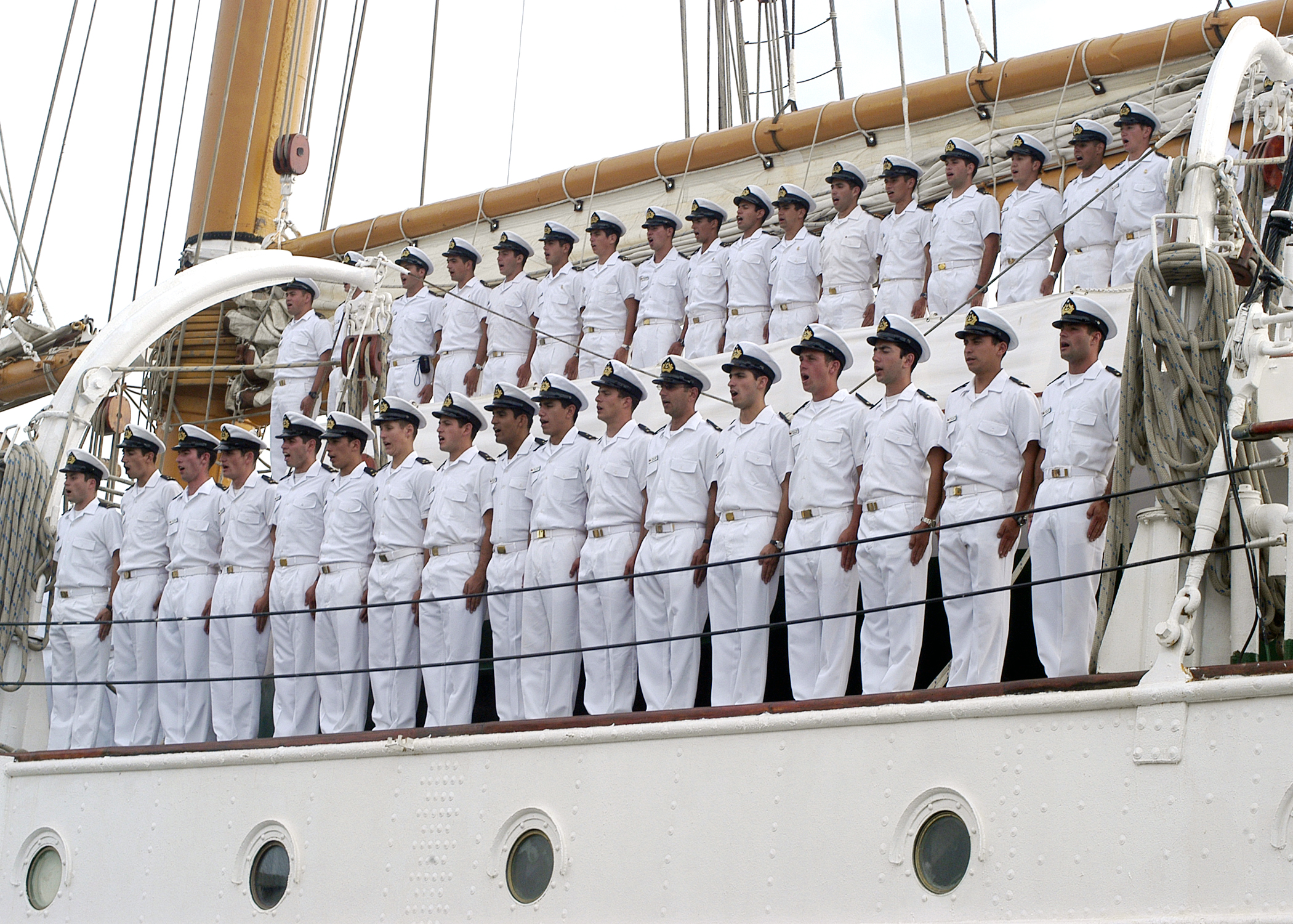 US Navy 040518-N-9662L-023 Chilean crew members aboard the training ship Esmeralda (BE 43) sing the Chilean Navy Helm