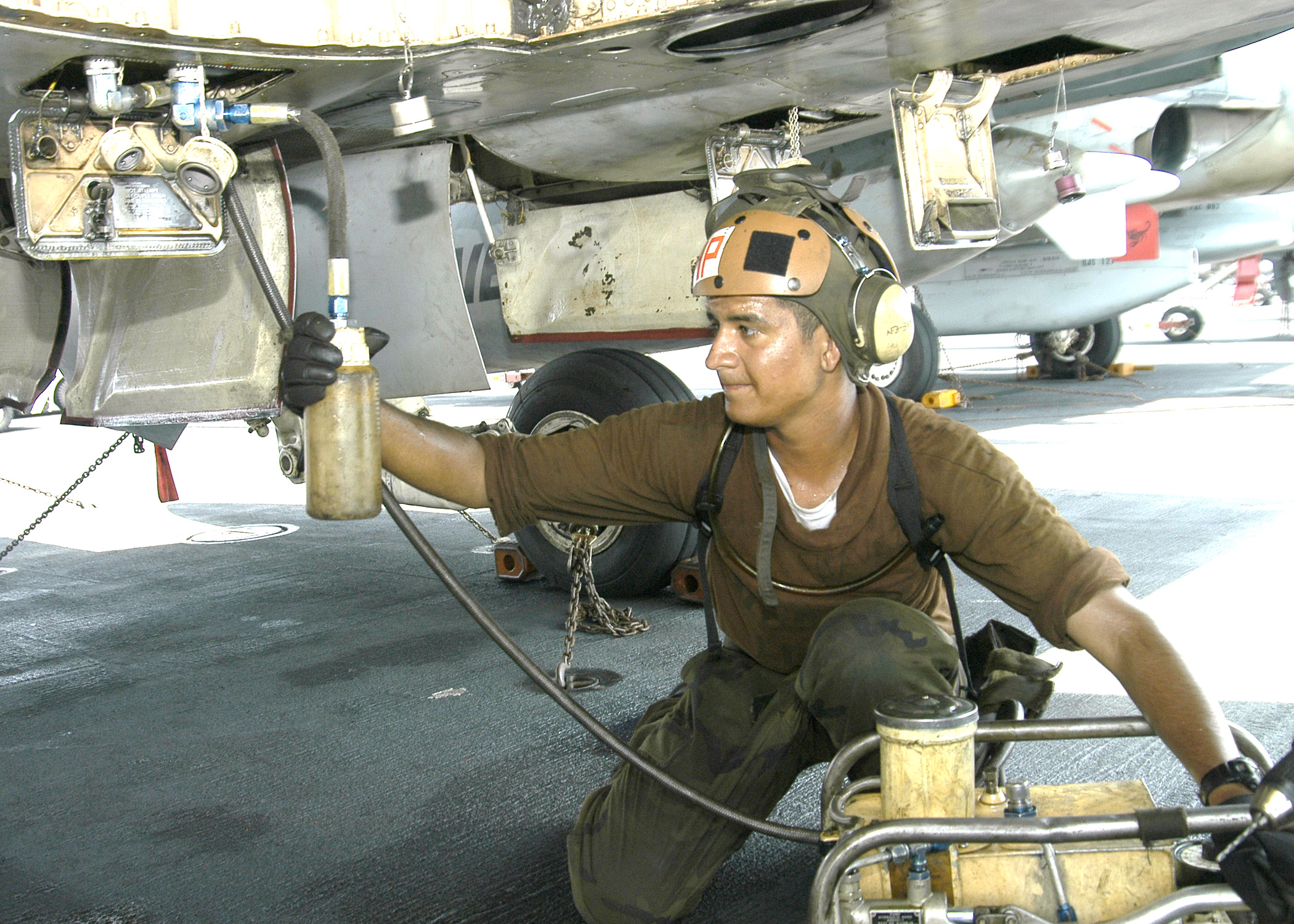 US Navy 040731-N-4565G-001 Airman Alexis of Corona Calif, changes the hydraulic fluid on an F-A-18B Hornet assigned to the Sunliners of Strike Fighter Squadron Eight One (VFA-81)