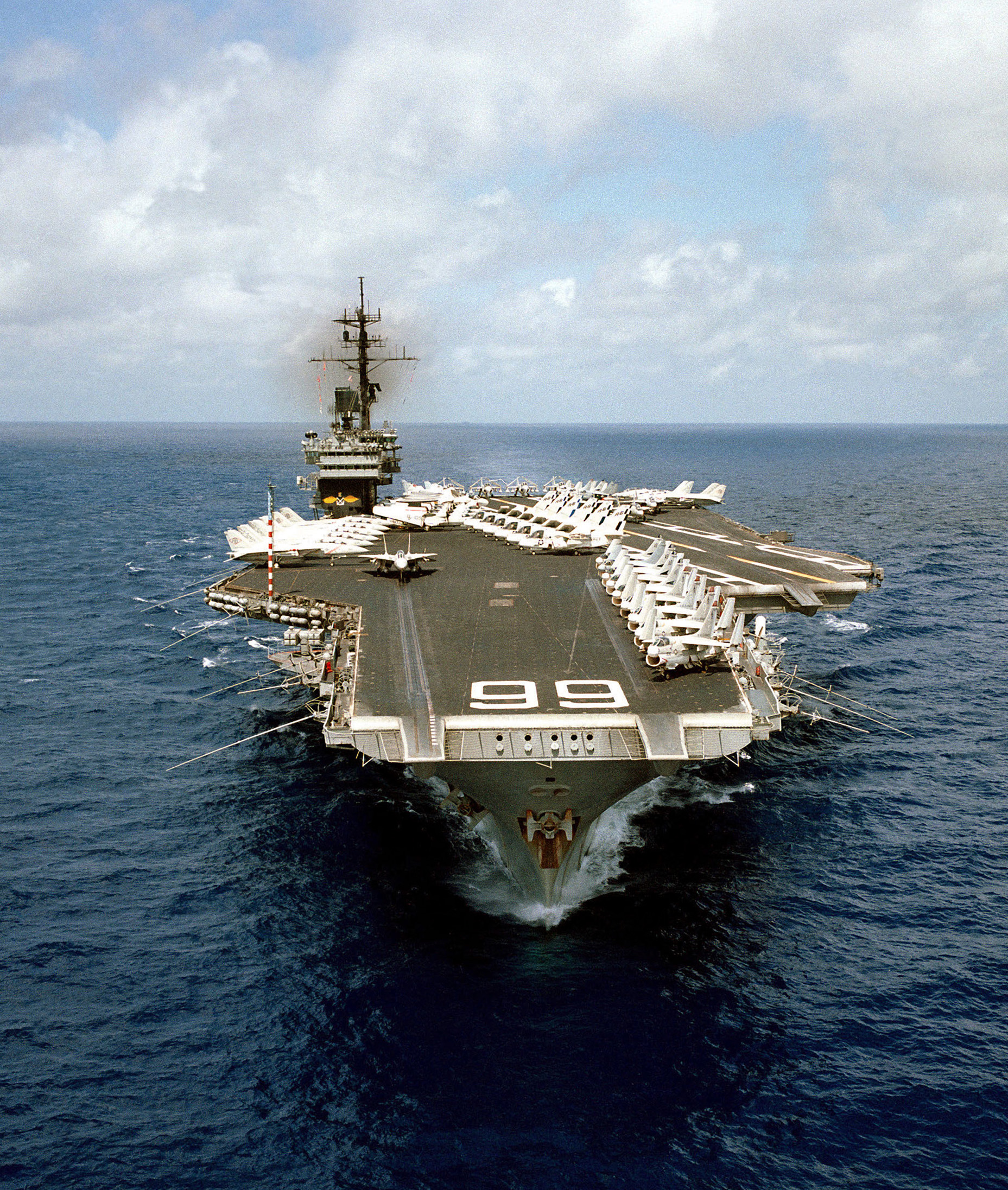 US Navy 050420-N-0000X-002 An aerial bow view of the conventionally-powered aircraft carrier USS America (CV 66)