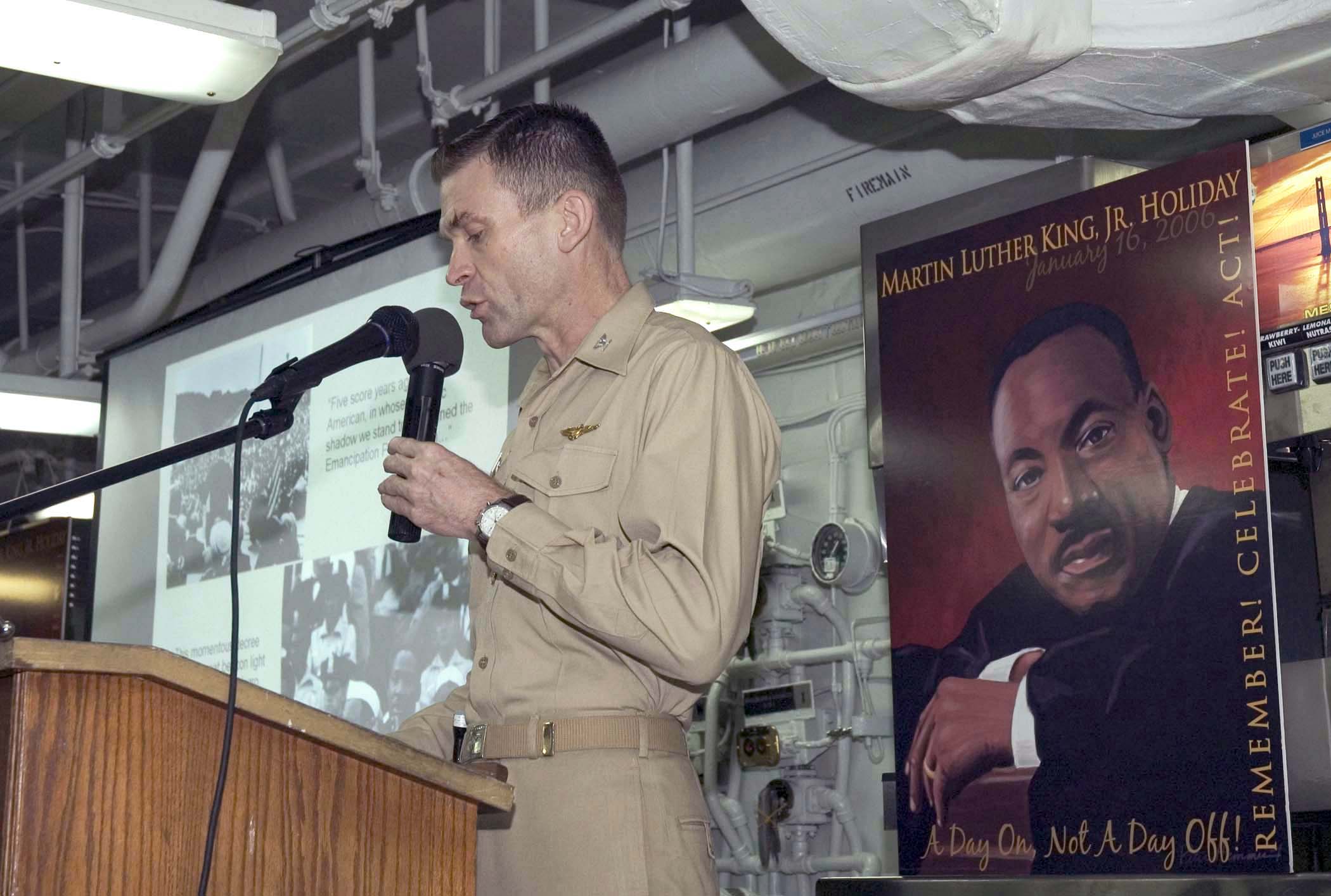 US Navy 060116-N-5384B-006 U.S. Navy Capt. C. Andrew McCawley gives a speech during a ceremony celebrating the life of the late Dr. Martin Luther King Jr