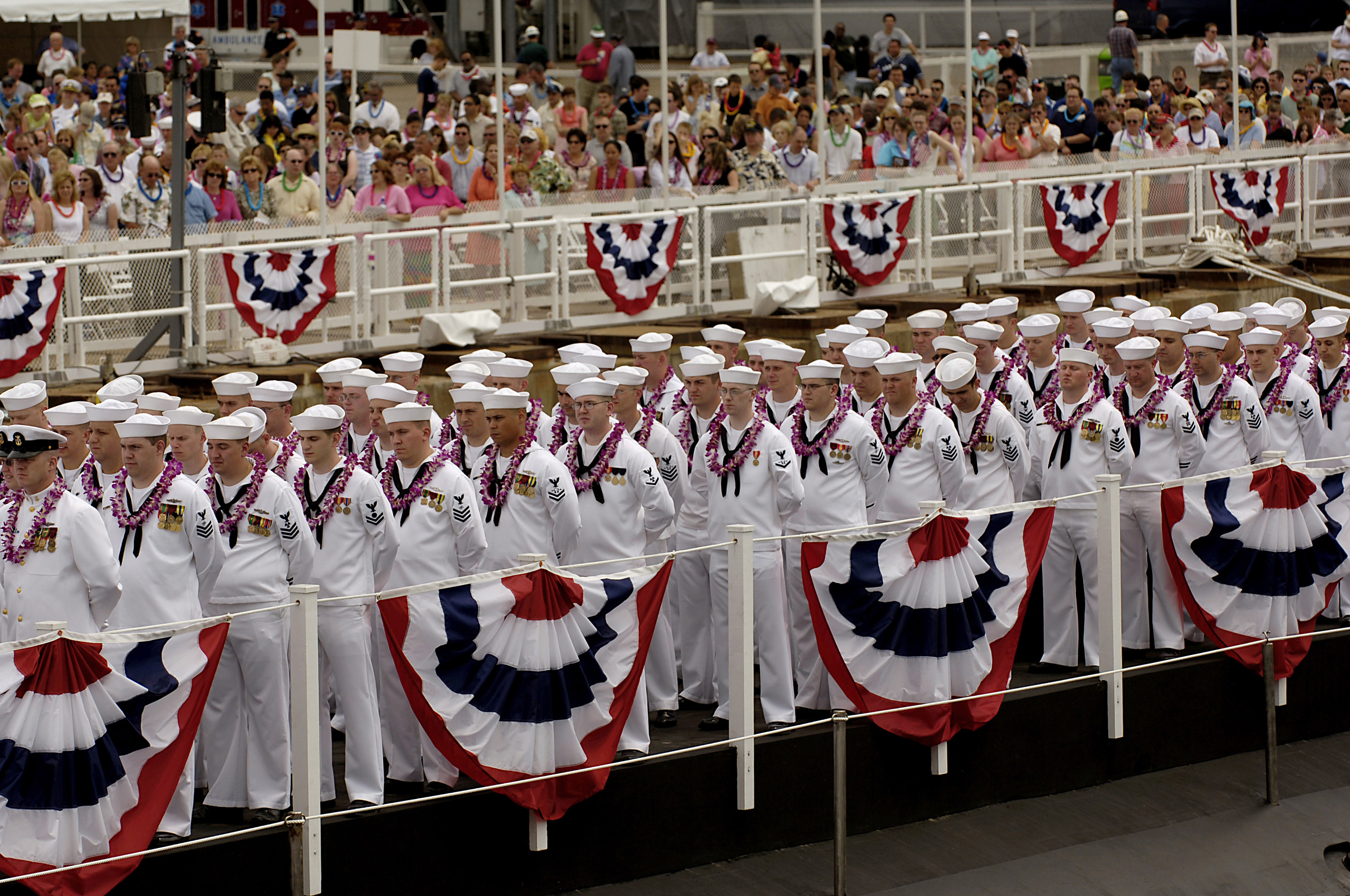 US Navy 060617-N-3642E-002 Sailors assigned to the Virginia-class nuclear attack submarine Pre-Commissioning Unit (PCU) Hawaii (SSN 776) stand at ease during the ship's christening ceremony