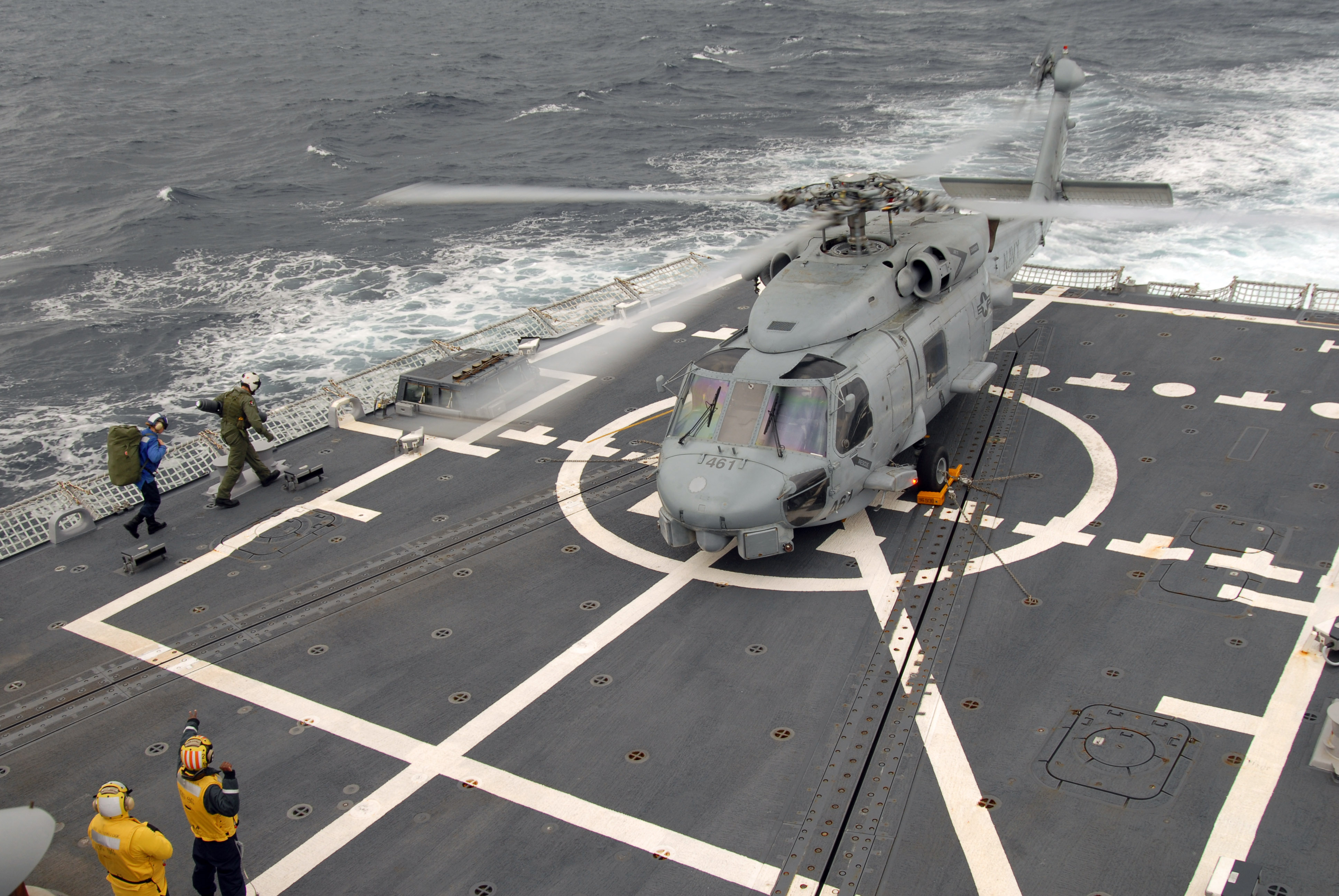 US Navy 070409-N-5681S-016 An SH-60B Seahawk assigned to Helicopter Anti-Submarine Squadron Light (HSL) 46 lands aboard the guided missile destroyer USS Bainbridge (DDG 96)