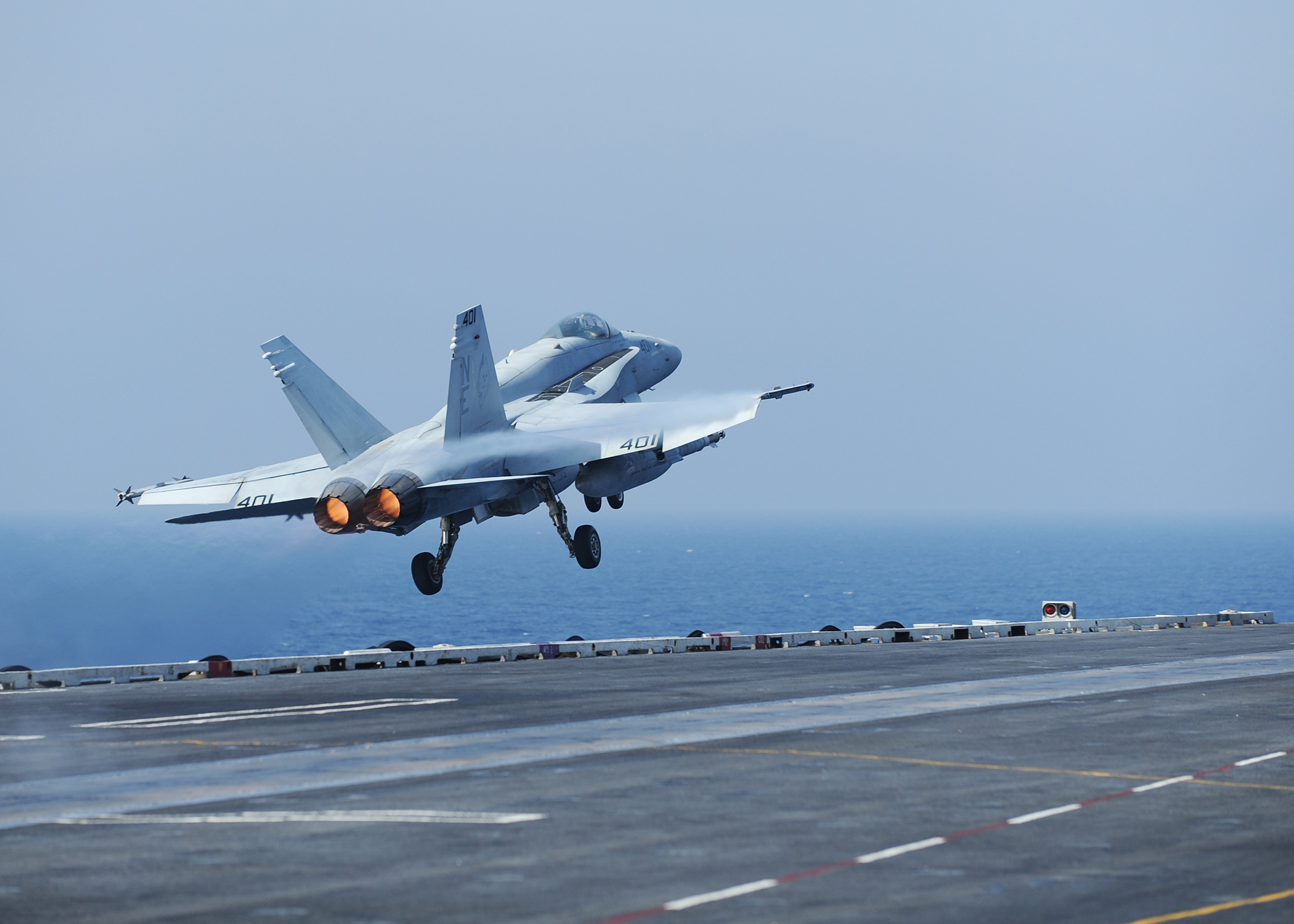 US Navy 101020-N-2821G-092 An F-A-18C Hornet assigned to the Blue Blasters of Strike Fighter Squadron (VFA) 34 launches from the aircraft carrier U
