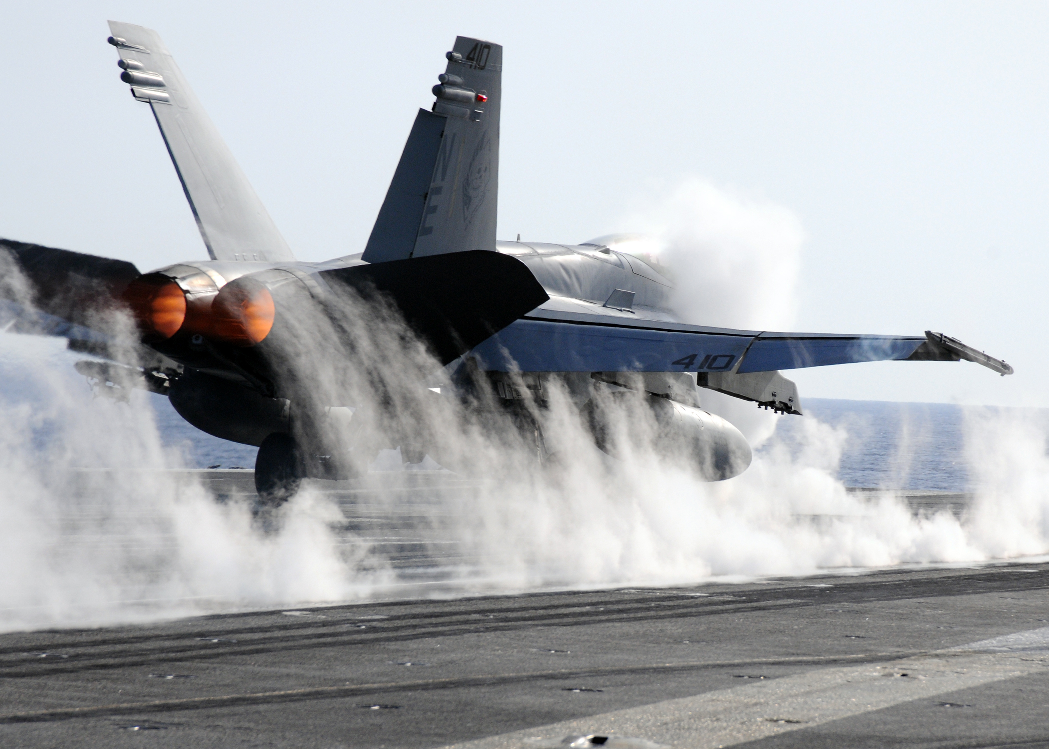 US Navy 110318-N-YB753-061 An F-A-18C Hornet assigned to the Blue Blasters of Strike Fighter Squadron (VFA) 34 launches from the aircraft carrier U