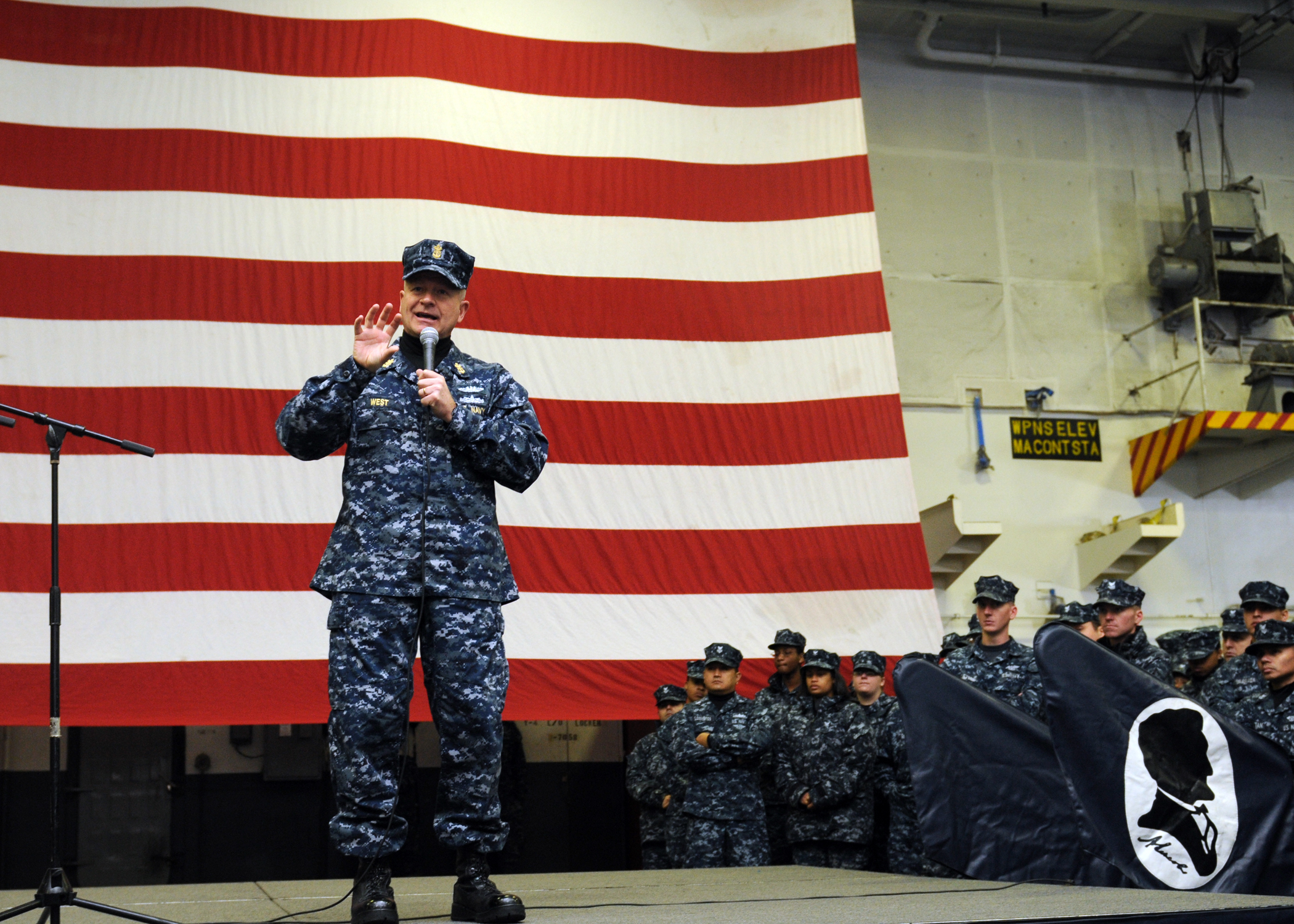 US Navy 111103-N-KQ416-012 MCPON Rick D. West speaks during an all-hands call aboard the aircraft carrier USS Abraham Lincoln