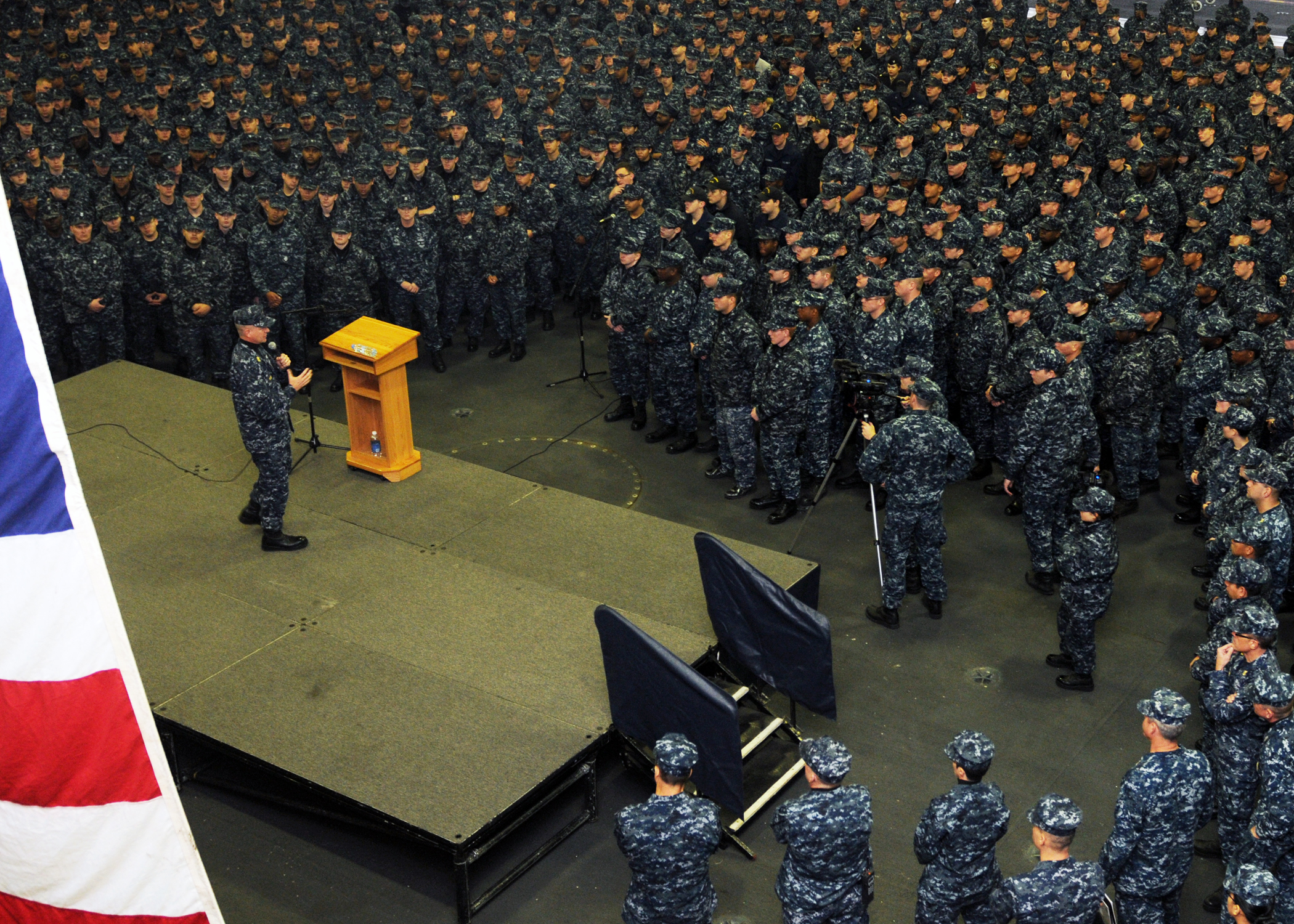 US Navy 111103-N-KQ416-130 MCPON Rick D. West speaks during an all-hands call aboard the aircraft carrier USS Abraham Lincoln