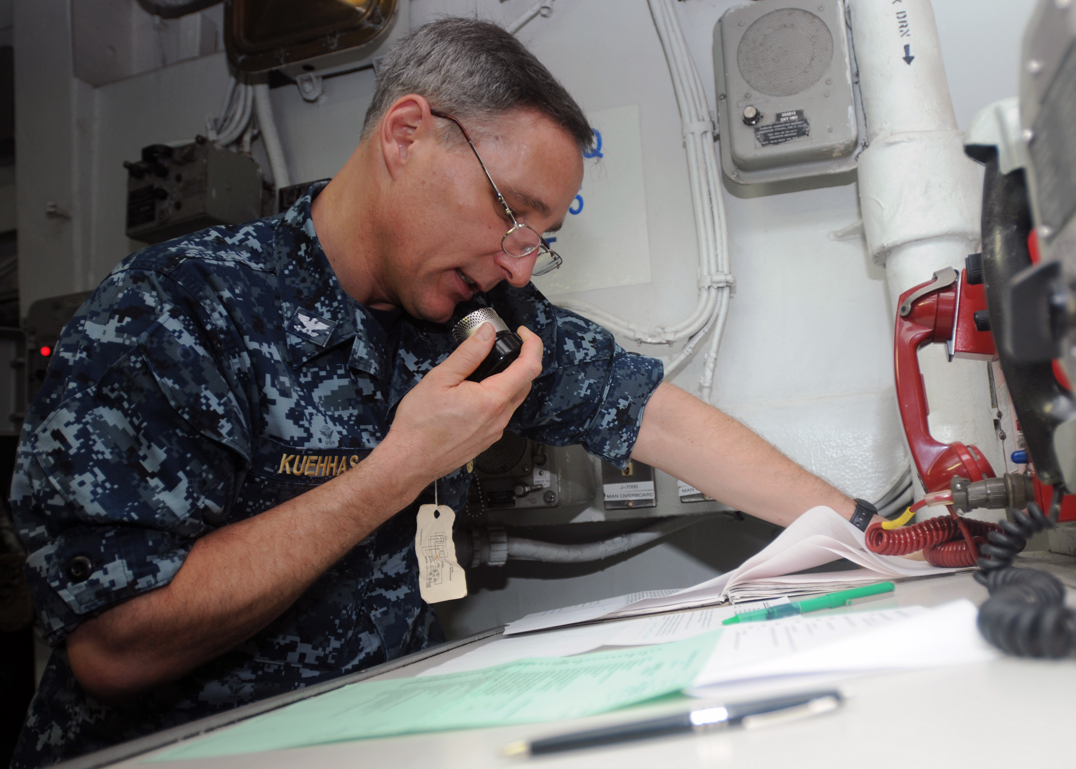 US Navy 120112-N-UE260-025 Capt. Timothy Kuehhas, executive officer of the Nimitz-class aircraft carrier USS Abraham Lincoln (CVN 72), keeps Sailor