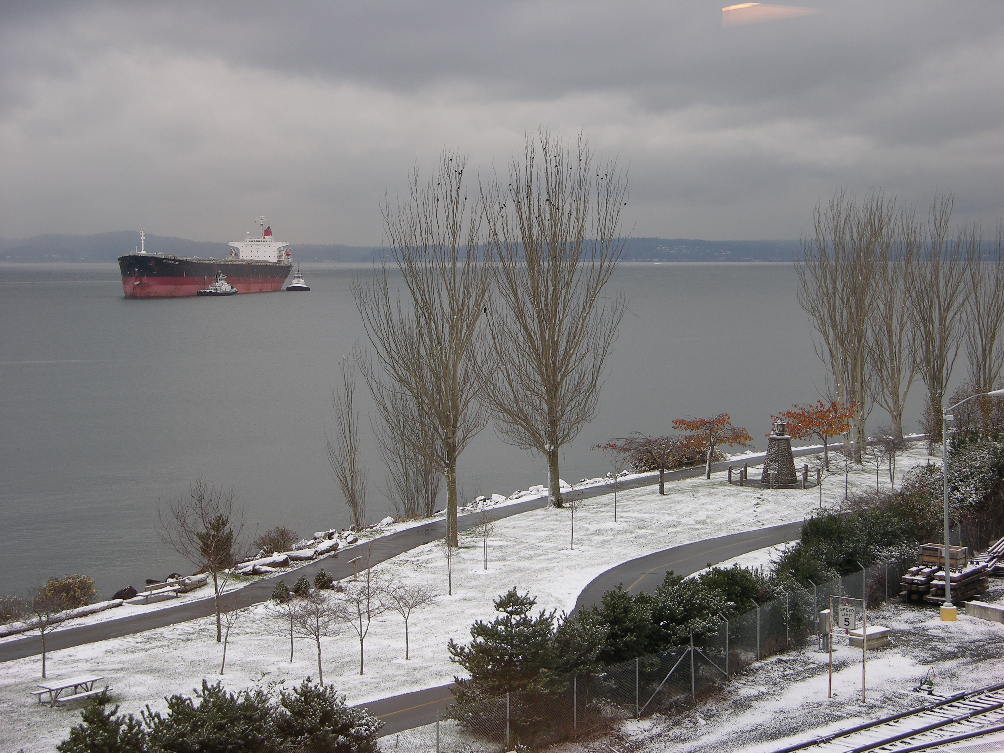 Vessel and tugs in Elliot Bay, off Seattle