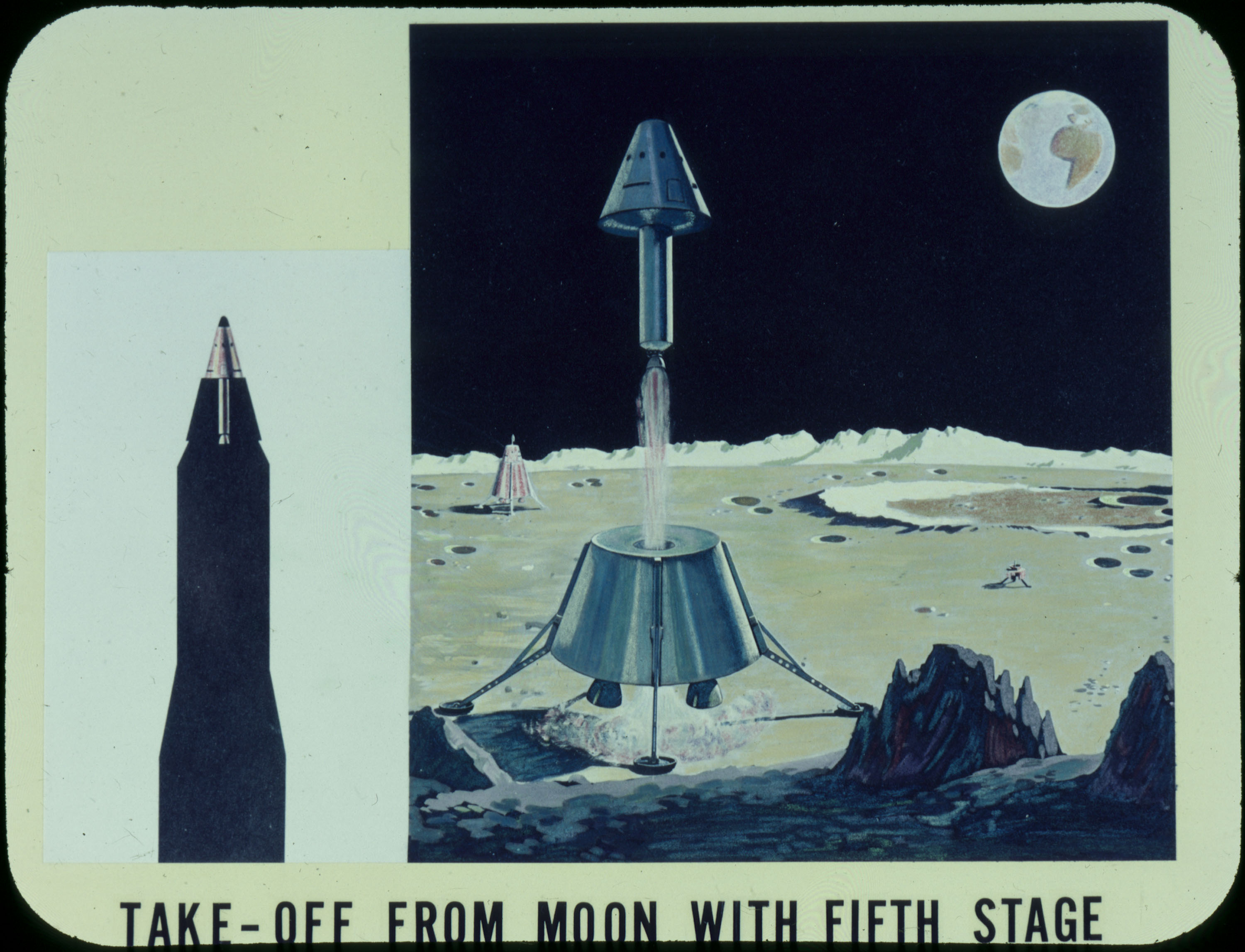 Artist concept of lunar module lifting off from the surface of the moon
