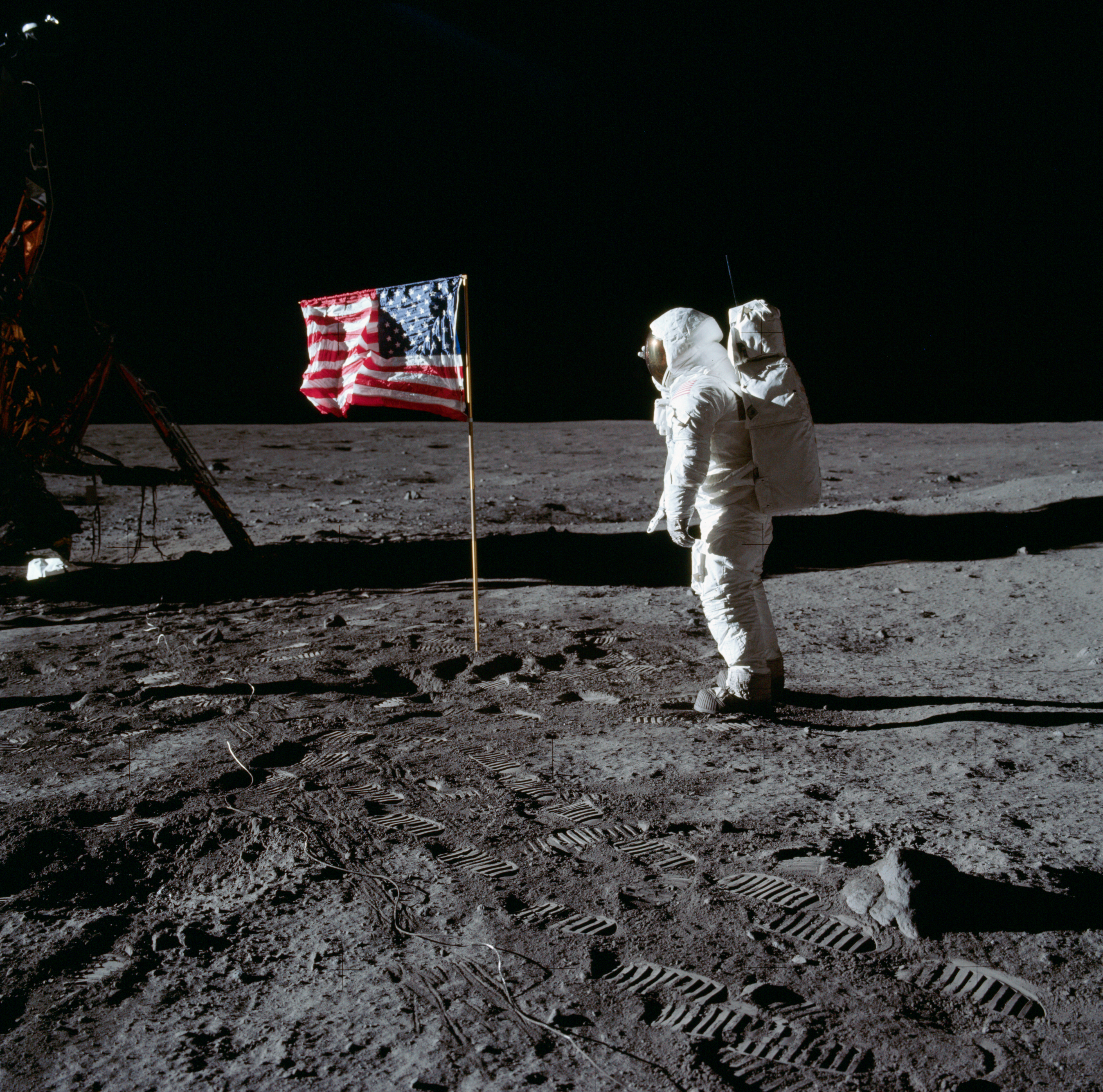 Buzz Aldrin and the U.S. flag on the Moon - GPN-2001-000012