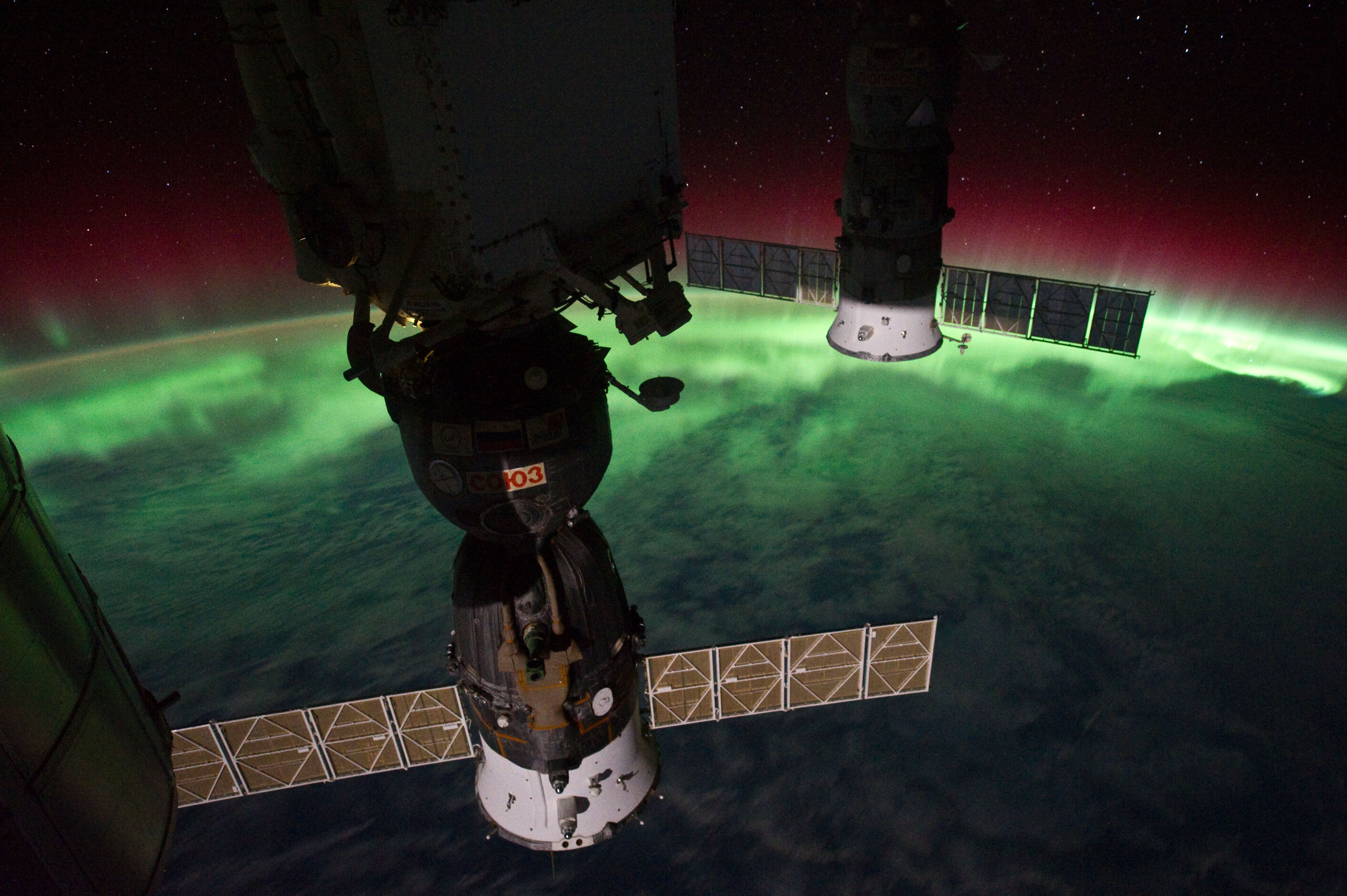 ISS-29 Soyuz TMA-02M and Progress M-10M against Aurora Australis
