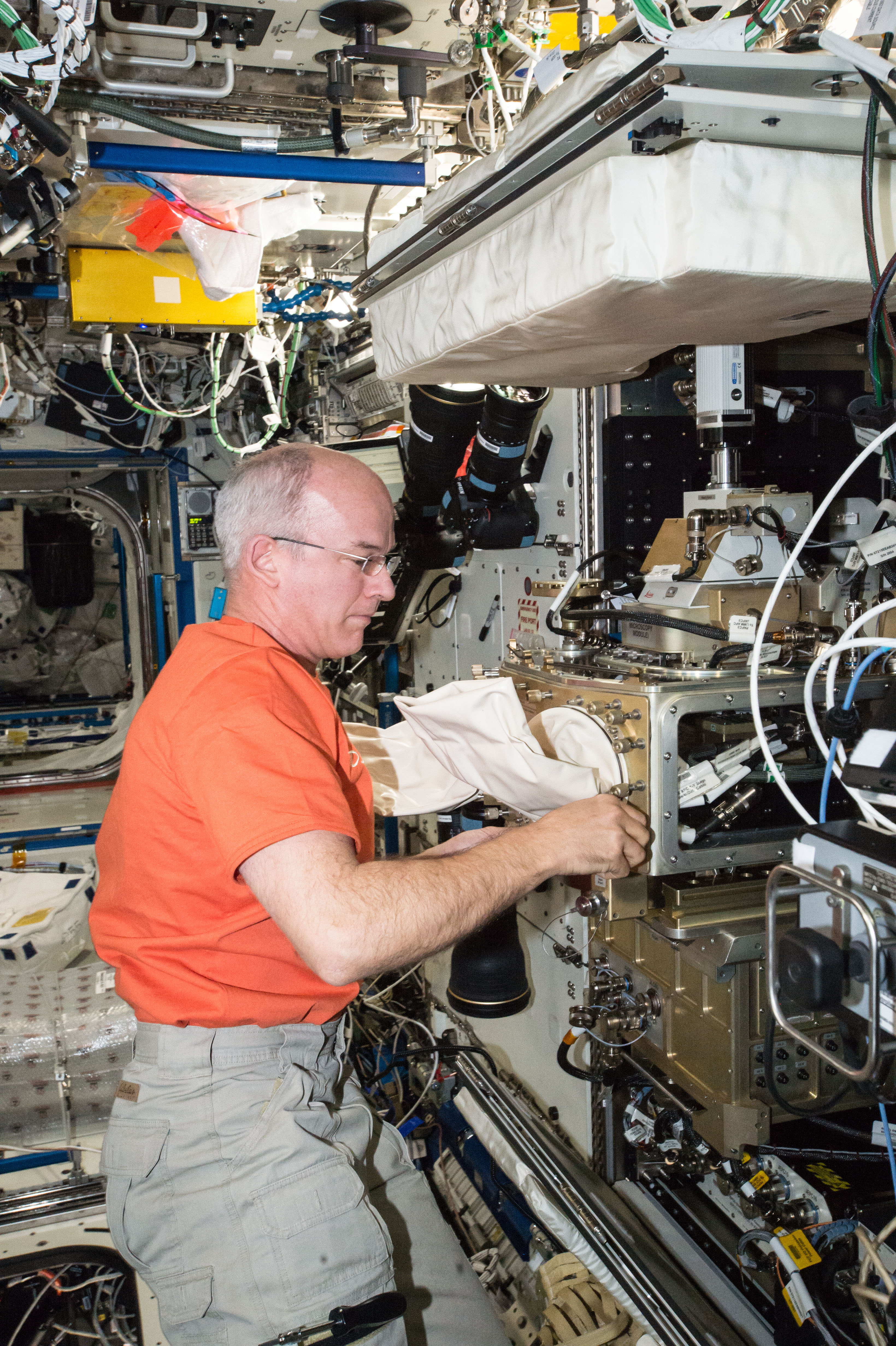 Photo of ISS-47 Jeff Williams works with the Light Microscopy Module in ...