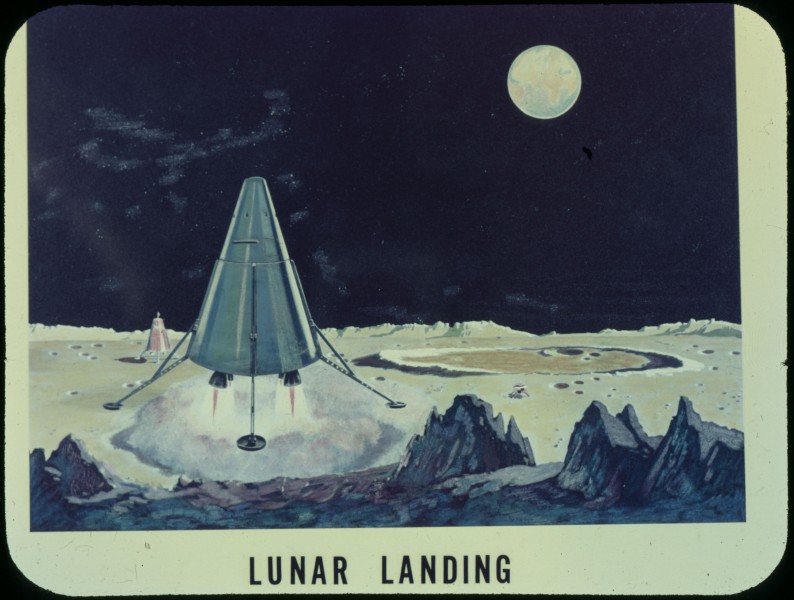 Early artist conception of lunar module landing on the moon