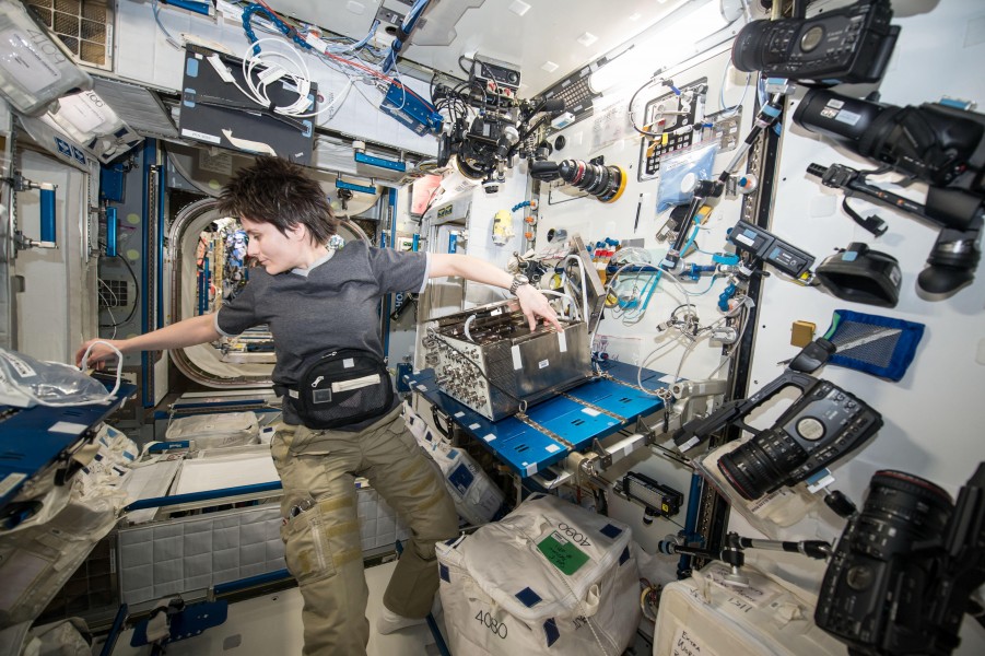 ISS-42 Samantha Cristoforetti working on airway monitoring