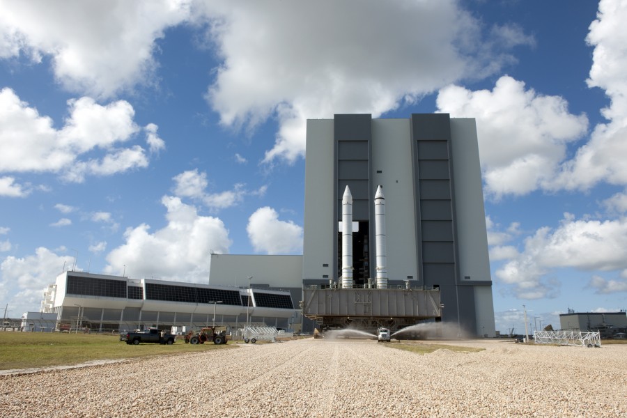 STS-134 Mobile Launcher Platform with two Solid Rocket Boosters and spraying tank truck