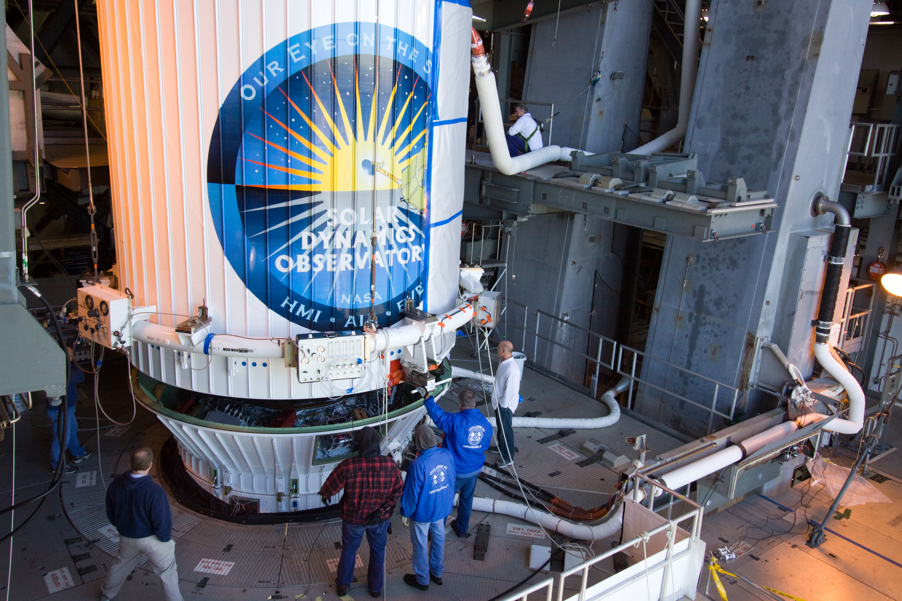 SDO in the Payload fairing is lifted onto the Atlas V (401)