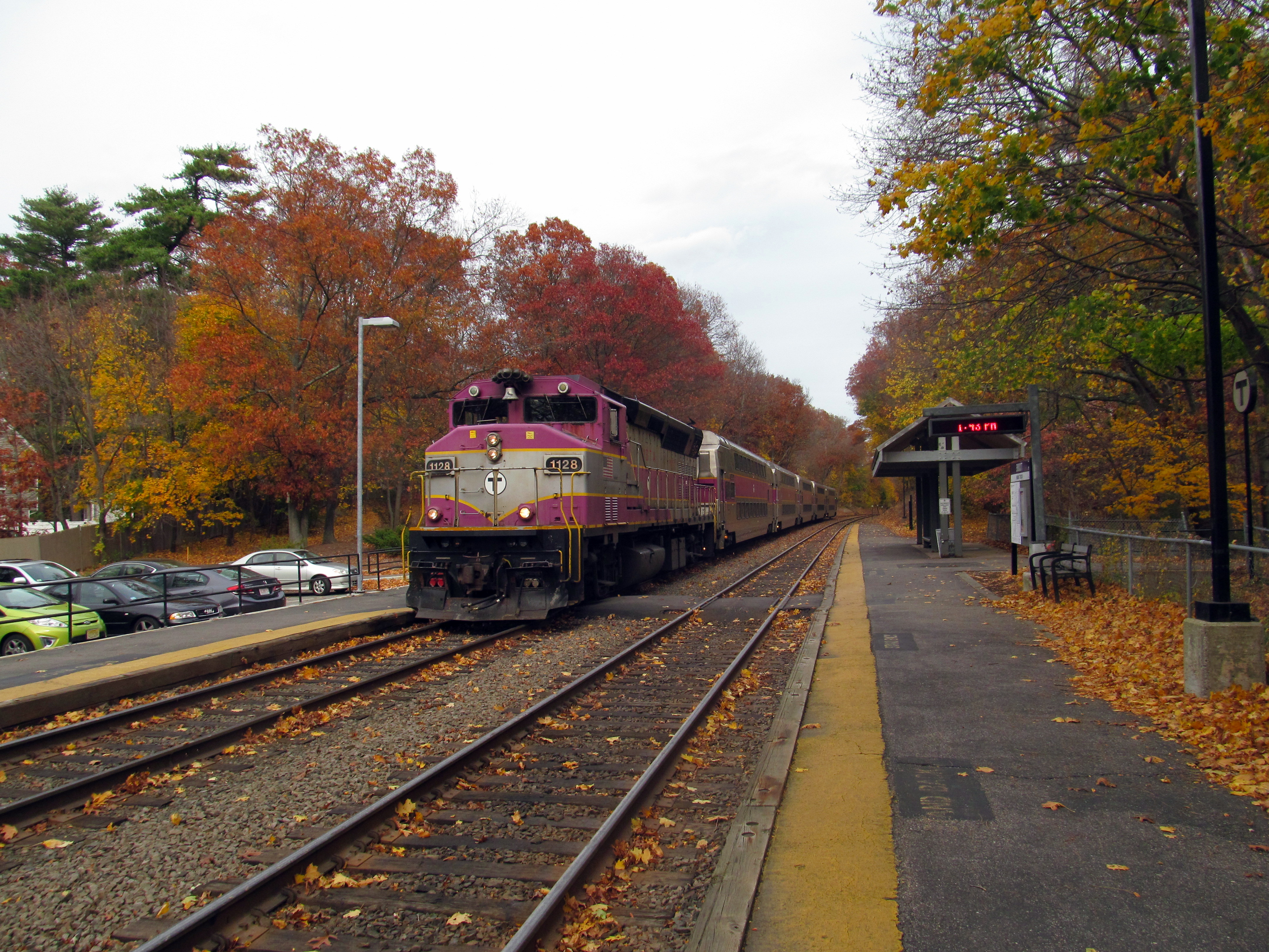 MBTA 1128 outbound at Endicott station, November 2015