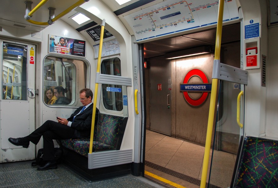 Circle line train C69 at Westminster interior view
