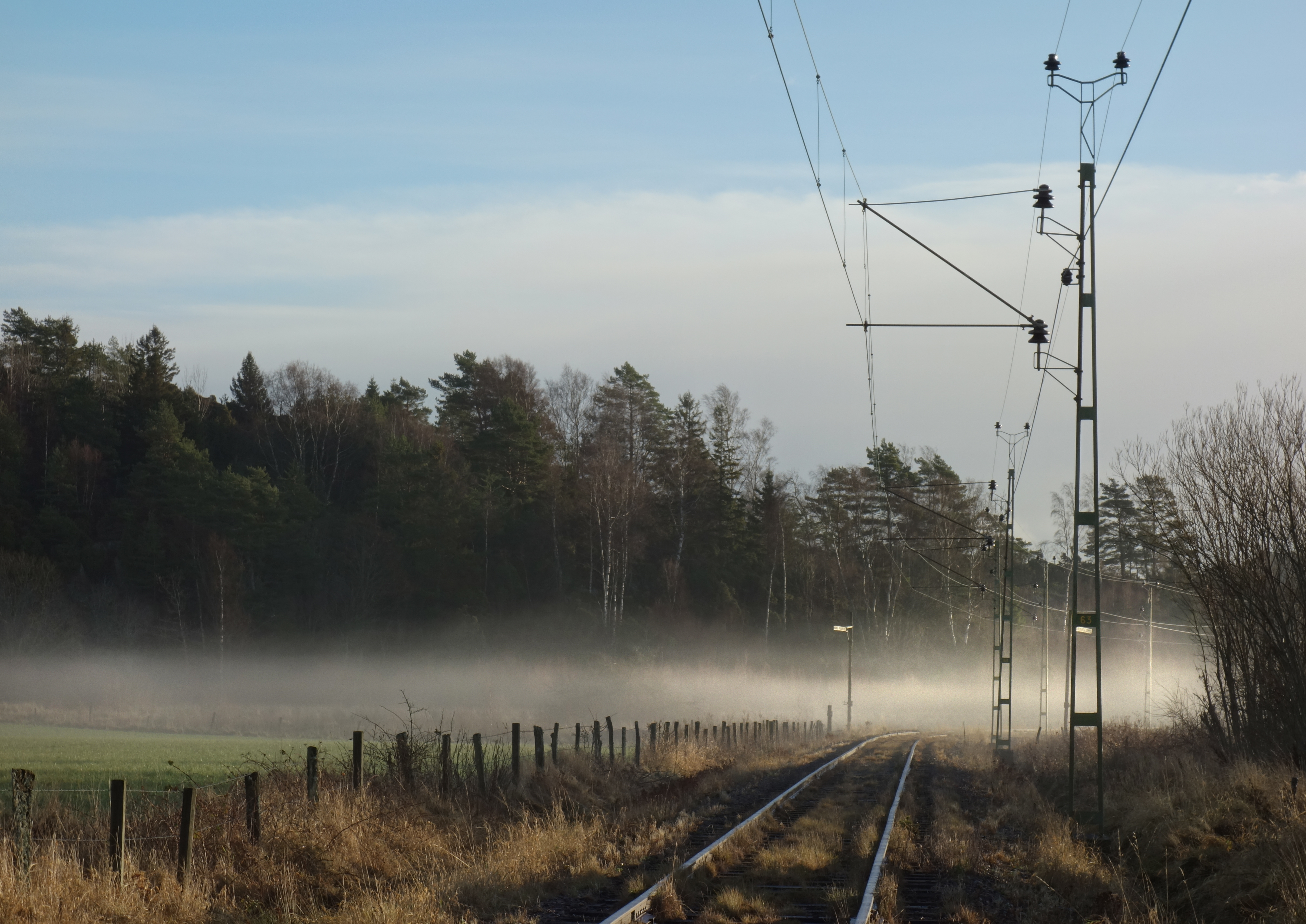 Sunlit fog across railway tracks